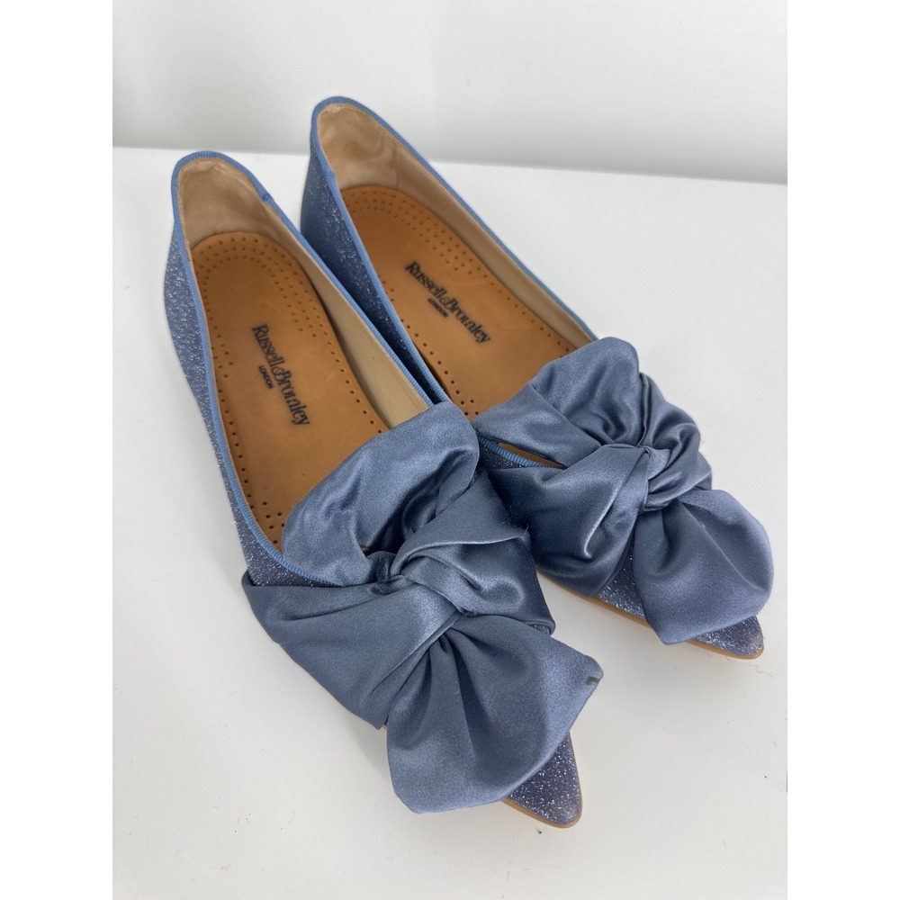 Russell & Bromley Glitter Satin Bow Pointed Toe Flats Sz 38/7.5 Coquette Ballet